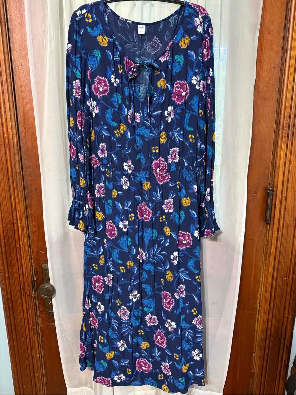 Old Navy Navy Floral Tie-Front Long Sleeve Midi Dress